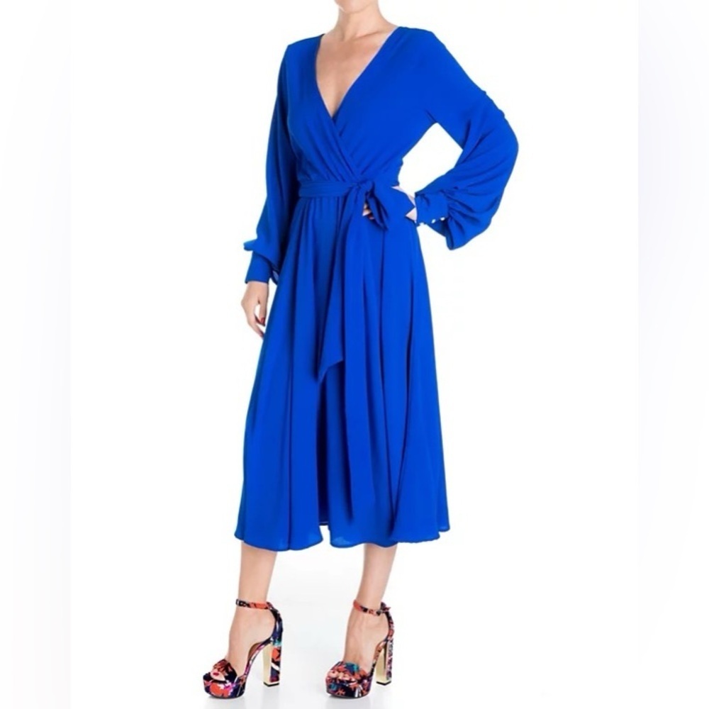 MEGHAN L.A. Royal blue long sleeve faux wrap FABULOUS LILYPAD midi dress size L. - Picture 3 of 16